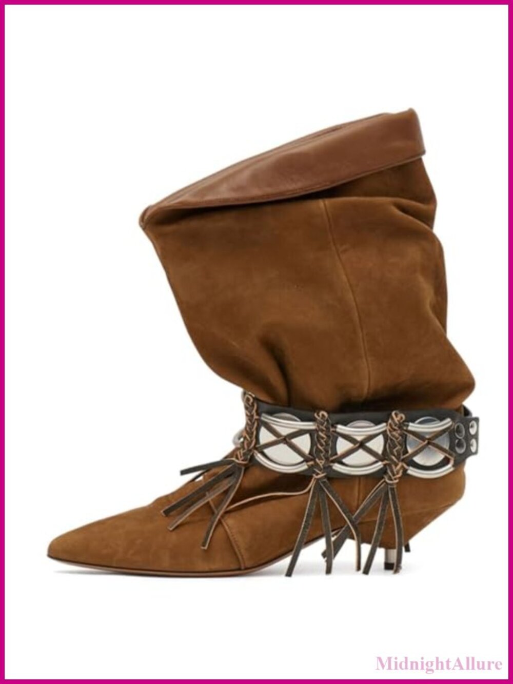 Western Cowboy Boots Slouchy Fringe Ruched Slip-On Mid-Calf Kitten Heel Pointy
